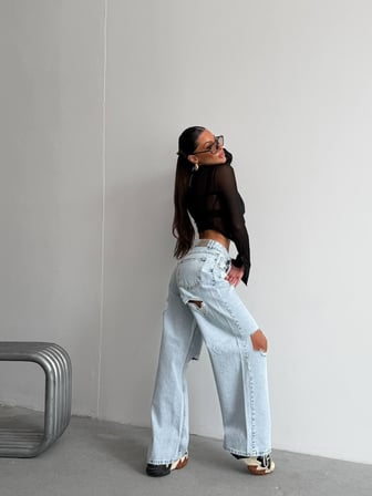 Kadın Bel Pencereli Wide Leg Jean Pantolon - Yüksek Bel Cep Detaylı Geniş Paça Denim