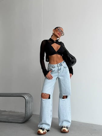 Kadın Bel Pencereli Wide Leg Jean Pantolon - Yüksek Bel Cep Detaylı Geniş Paça Denim