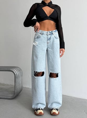 Kadın Bel Pencereli Wide Leg Jean Pantolon - Yüksek Bel Cep Detaylı Geniş Paça Denim