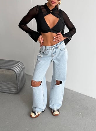 Kadın Bel Pencereli Wide Leg Jean Pantolon - Yüksek Bel Cep Detaylı Geniş Paça Denim