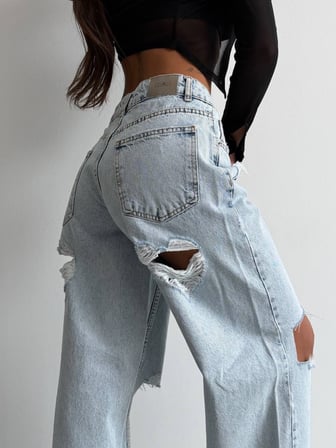 Kadın Bel Pencereli Wide Leg Jean Pantolon - Yüksek Bel Cep Detaylı Geniş Paça Denim