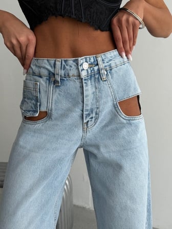 Yan Pencereli Geniş Paça Denim Pantolon