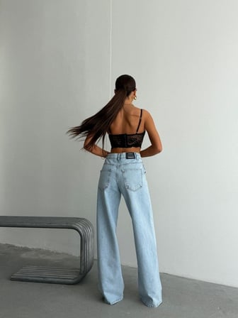 Yan Pencereli Geniş Paça Denim Pantolon