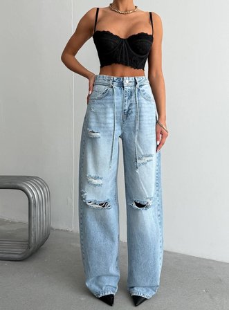 Kadın Yırtık Detaylı Yüksek Bel Wide Leg Yama Cepli Baggy Jean Pantolon