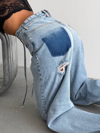 Kadın Yırtık Detaylı Yüksek Bel Wide Leg Yama Cepli Baggy Jean Pantolon