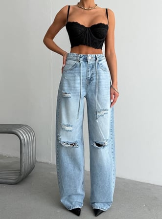 Kadın Yırtık Detaylı Yüksek Bel Wide Leg Yama Cepli Baggy Jean Pantolon
