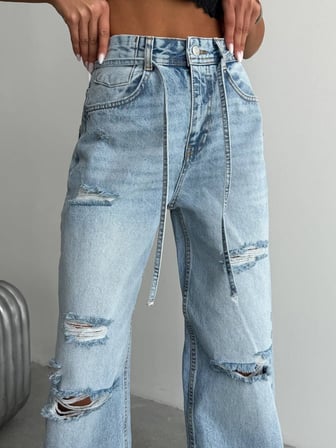 Kadın Yırtık Detaylı Yüksek Bel Wide Leg Yama Cepli Baggy Jean Pantolon