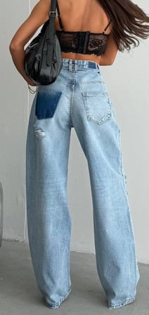 Kadın Yırtık Detaylı Yüksek Bel Wide Leg Yama Cepli Baggy Jean Pantolon