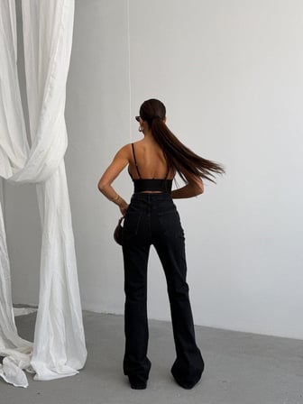 Kadın Yüksek Bel Yırtık Detaylı İspanyol Paça Jean Pantolon