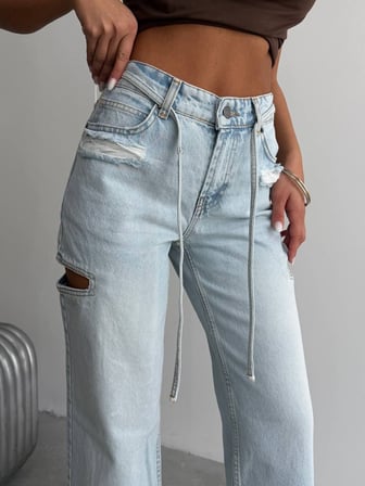 Kadın Yüksek Bel Pencereli Kesik Detaylı Wide Leg Denim Pantolon