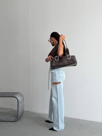Kadın Yüksek Bel Pencereli Kesik Detaylı Wide Leg Denim Pantolon