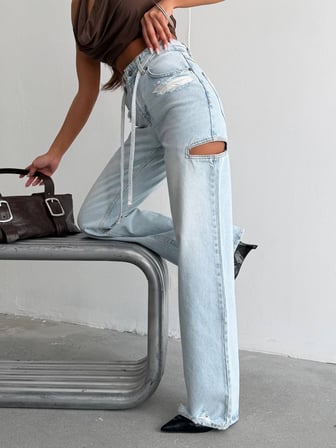 Kadın Yüksek Bel Pencereli Kesik Detaylı Wide Leg Denim Pantolon