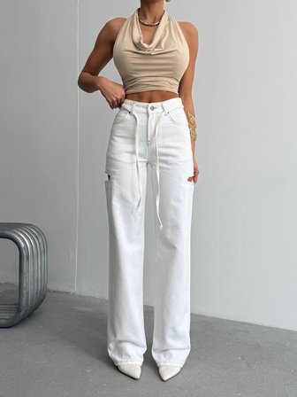 Kadın Yüksek Bel Pencereli Kesik Detaylı Wide Leg Denim Pantolon