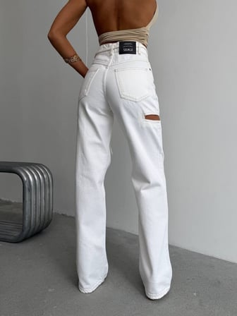 Kadın Yüksek Bel Pencereli Kesik Detaylı Wide Leg Denim Pantolon