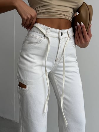 Kadın Yüksek Bel Pencereli Kesik Detaylı Wide Leg Denim Pantolon