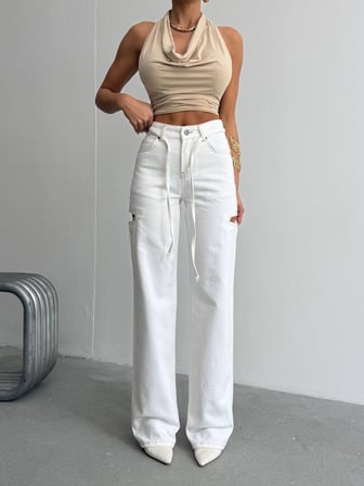 Kadın Yüksek Bel Pencereli Kesik Detaylı Wide Leg Denim Pantolon