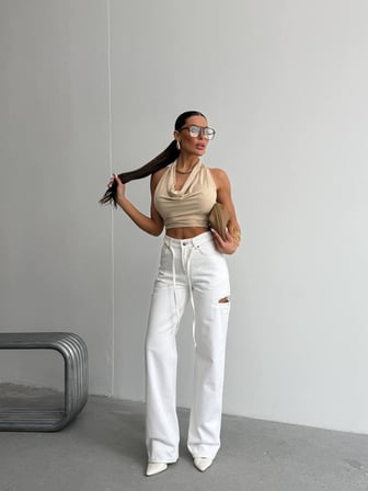 Kadın Yüksek Bel Pencereli Kesik Detaylı Wide Leg Denim Pantolon