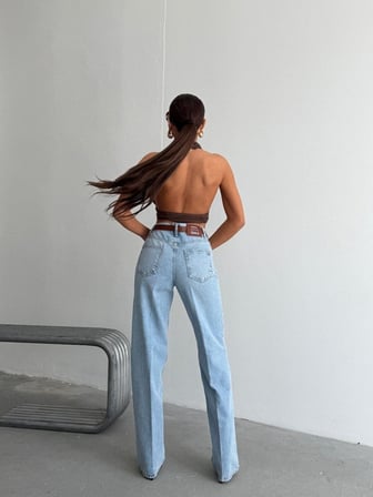 Kadın Kemerli Yüksek Bel Geniş Paça Jean Pantolon