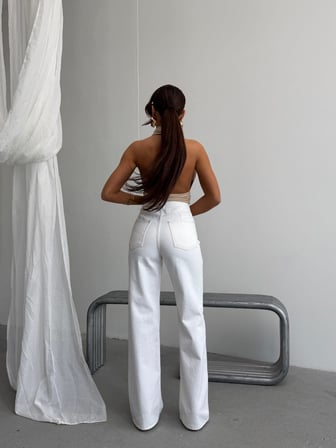 Kadın Yüksek Bel Asimetrik Dikişli Geniş Paça Jean Pantolon
