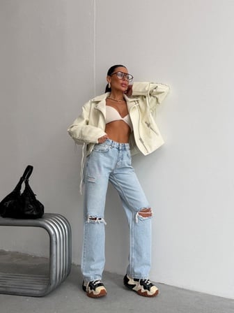 Kadın Yüksek Bel Önü Ve Arkası Yırtık Detaylı Wide Leg Jean Pantolon