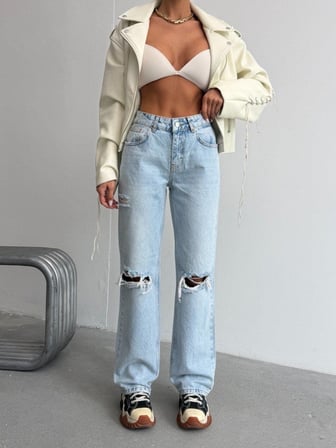 Kadın Yüksek Bel Önü Ve Arkası Yırtık Detaylı Wide Leg Jean Pantolon