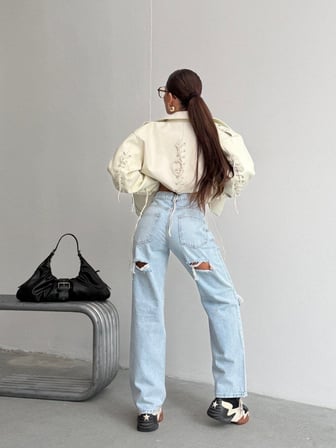 Kadın Yüksek Bel Önü Ve Arkası Yırtık Detaylı Wide Leg Jean Pantolon