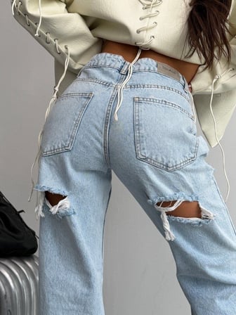 Kadın Yüksek Bel Önü Ve Arkası Yırtık Detaylı Wide Leg Jean Pantolon