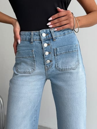 Kadın Retro Tarz Çift Cepli Düğme Detaylı Geniş Paça Kot Pantolon