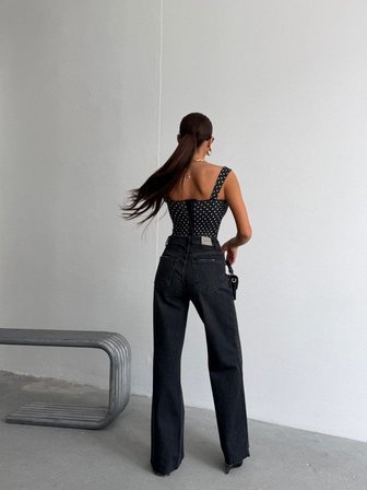 Kadın Yüksek Bel Paçası Püsküllü Geniş Paça Jean Pantolon