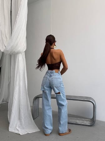 Kadın Yüksek Bel Yırtık Detaylı Geniş Paça Jean Pantolon
