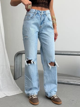Kadın Yüksek Bel Yırtık Detaylı Geniş Paça Jean Pantolon