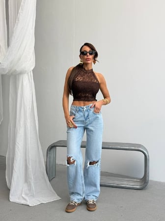 Kadın Yüksek Bel Yırtık Detaylı Geniş Paça Jean Pantolon