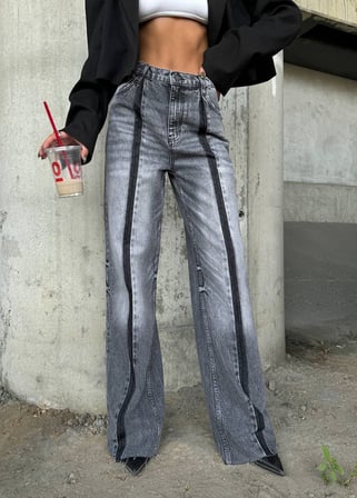 Kadın Yüksek Bel Geniş Paça Önü Şerit Detaylı Mugler Tarzı Pamuklu Jean Pantolon
