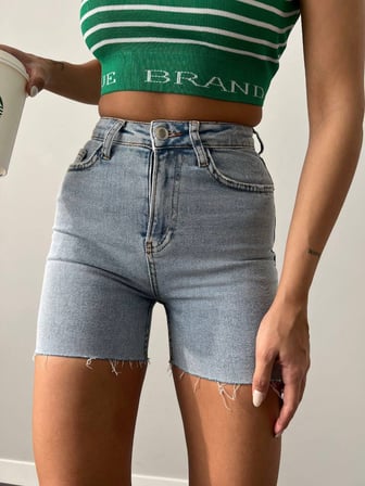 Kadın Yüksek Bel Denim Şort Paçası Püsküllü Jean Bermuda Biker Şort