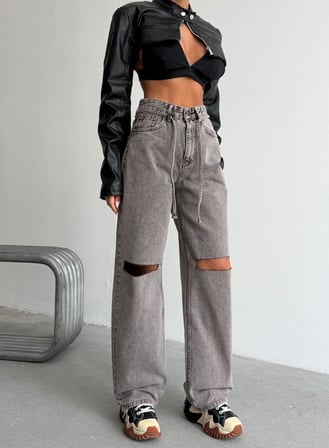 Yüksek Bel Arka Yırtıklı Wide Leg Denim Pantolon