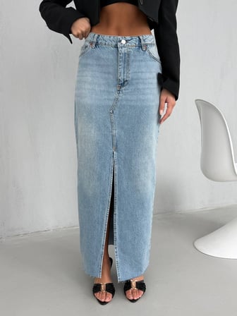 Yırtmaç Detaylı Maxi Denim Etek