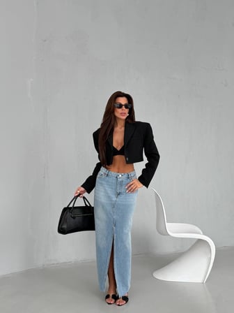 Yırtmaç Detaylı Maxi Denim Etek