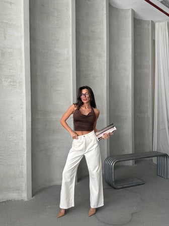 Kadın Yüksek Bel Paça Wide Leg Jean Pantolon