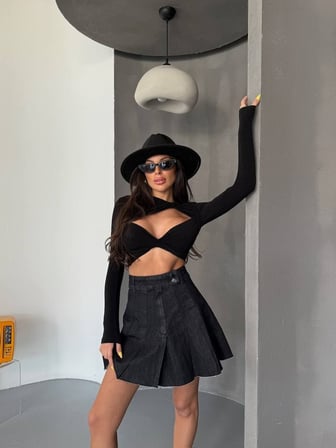 Kadın Yüksek Bel Pileli Denim Etek