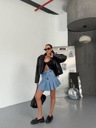 Kadın Yüksek Bel Pileli Denim Etek