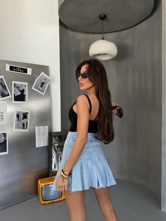 Kadın Yüksek Bel Pileli Denim Etek