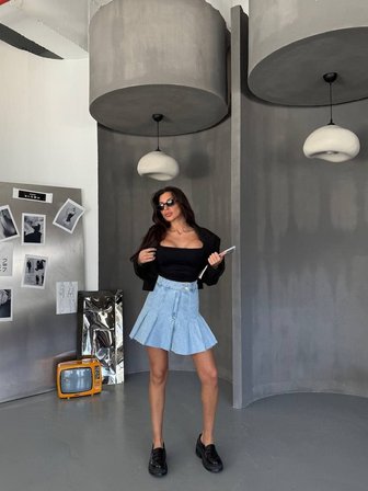 Kadın Yüksek Bel Pileli Denim Etek