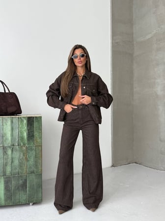 Yüksek Bel Wide Leg Pantolon Denim Ceket Takım