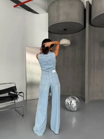 Kadın Geniş Paça Pamuklu Denim Tulum
