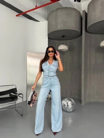 Kadın Geniş Paça Pamuklu Denim Tulum