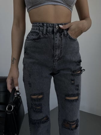 Yüksek Bel Füme Yıkamalı Mom Fit Denim Pantolon