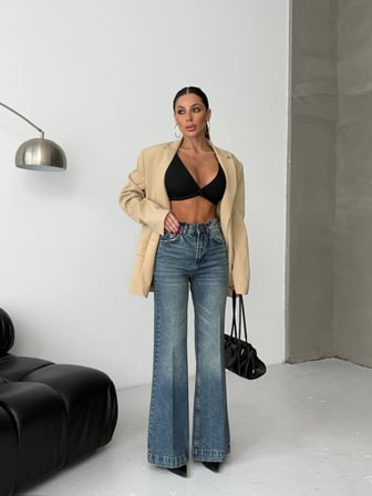 HerTon Yüksek Bel %100 Pamuklu Bol Paça Denim Pantolon - Premium Jean