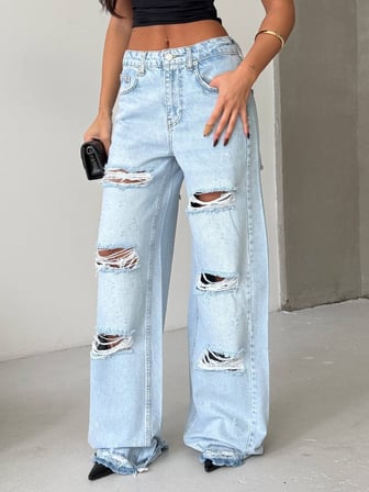 HerTon Kadın Çoklu Yırtık Detaylı Wide Leg Jean - %100 Pamuk Full Distressed Bol Paça Pantolon