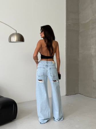 HerTon Kadın Çoklu Yırtık Detaylı Wide Leg Jean - %100 Pamuk Full Distressed Bol Paça Pantolon