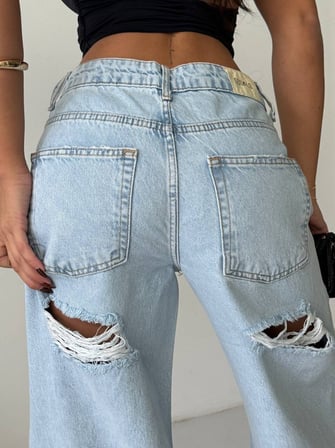 HerTon Kadın Çoklu Yırtık Detaylı Wide Leg Jean - %100 Pamuk Full Distressed Bol Paça Pantolon